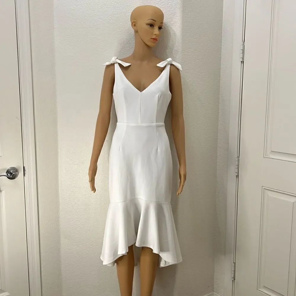 Lulus White Dress Size 2 VNeck Tie Sleeves Ruffle Hem 💯% Polyester Lined